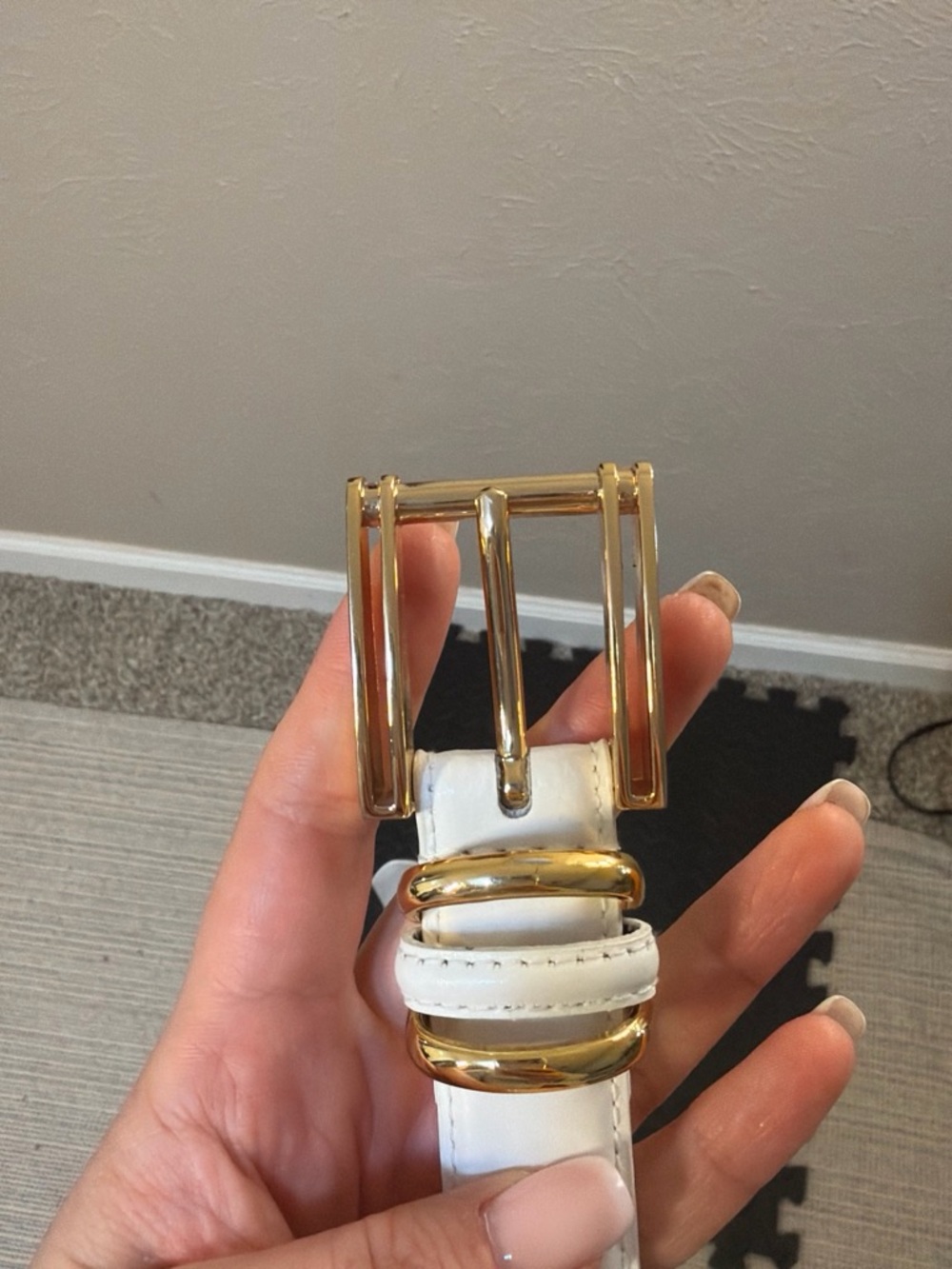White Leather Belt with Gold Buckle - Picture 2 of 3